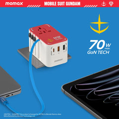 1-World+ 3-Port Travel GaN Charger With Built-in USB-C Cable 70W Gundam