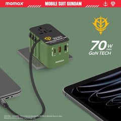 1-World+ 3-Port Travel GaN Charger With Built-in USB-C Cable 70W Gundam