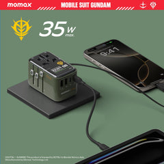 1-World+ Flow 4-Port Travel Charger With Built-In USB-C Cable 35W Gundam