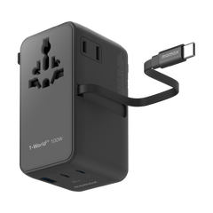 1-World²⁺ 4-Port Mini Universal Travel GaN Charger with Built-In Retractable Cable 100W with Dual AC