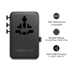 1-World 70W 3-Port Dual AC Travel Adapter with Built-In Retractable Cable