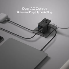1-World 70W 3-Port Dual AC Travel Adapter with Built-In Retractable Cable