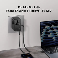 1-World 70W 3-Port Dual AC Travel Adapter with Built-In Retractable Cable