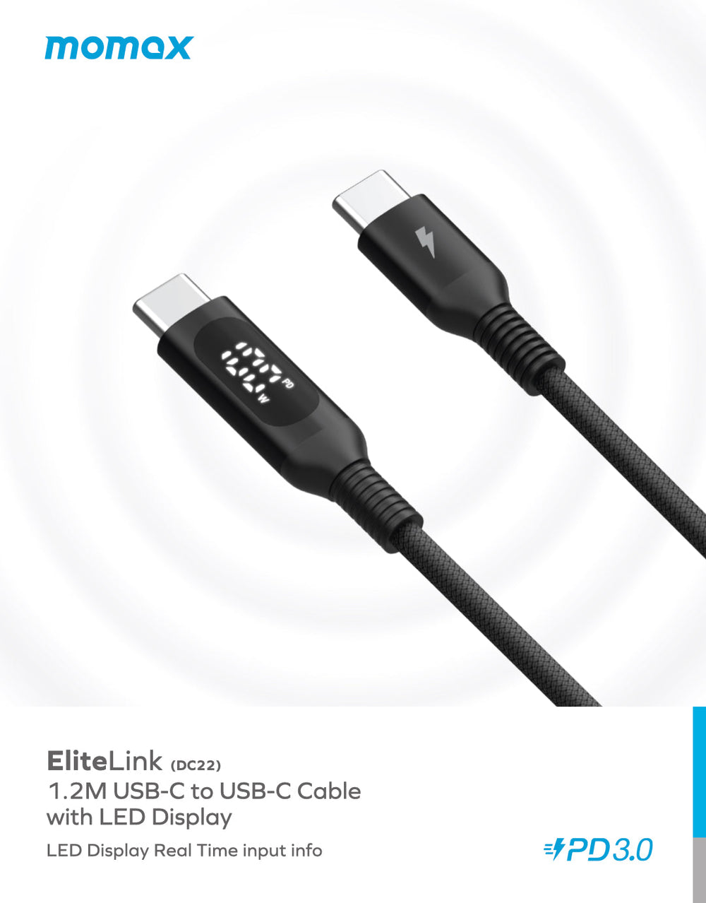 EliteLink USB-C to USB-C Braided LED Display Cable 100W 1.2m