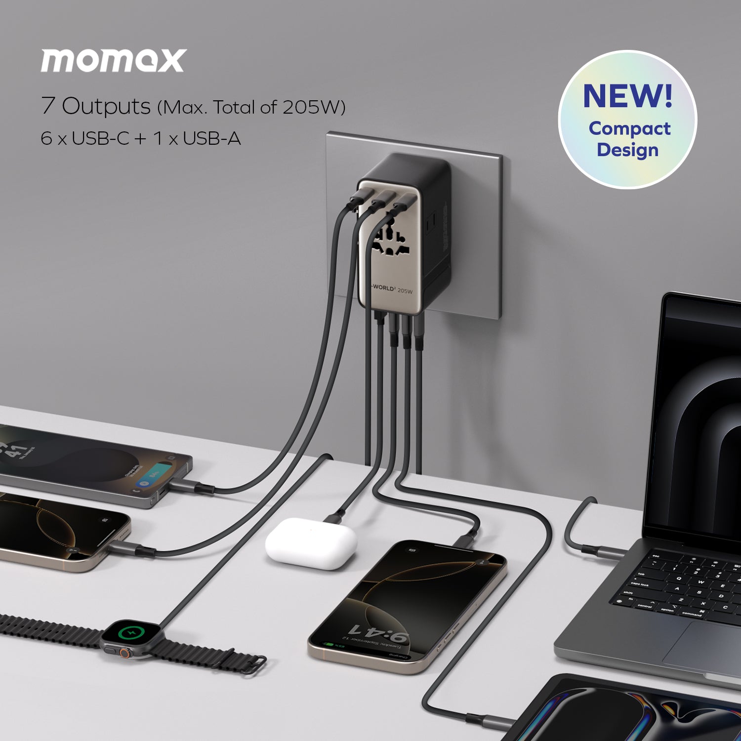 1-World² 205W 7-Port Dual AC Travel Adapter